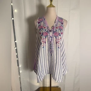 Boho Floral Embroidered Sleeveless Tunic Top Striped & Purple Mix Print Small - Picture 1 of 6