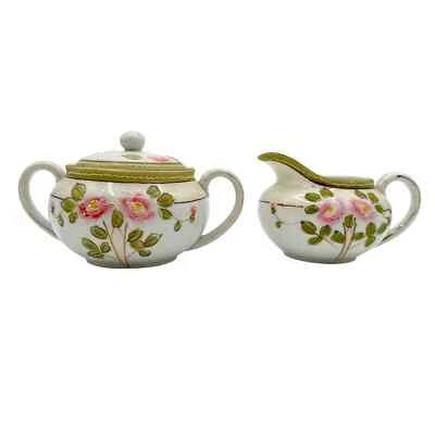 Antique Nippon Hand Painted Cream and Sugar Floral Rose w Moriage Pink Green - Image 1 of 4