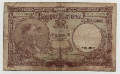 BELGIUM 20 FRANCS 1944 PICK 111 LOOK SCANS - Image 1 of 2