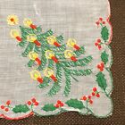 Vintage Embroidered Christmas Tree Candle Scallop Edge Handkerchief Pocket Scarf