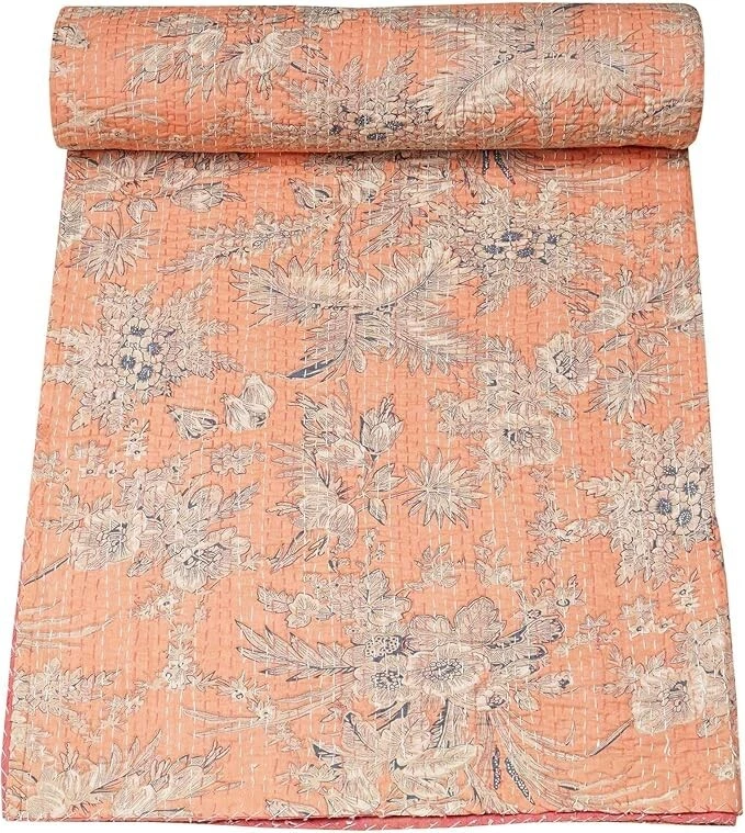 Indian Handmade hand Block print King Size Cotton kantha Quilt Bedspread Blanket - Image 1 of 4