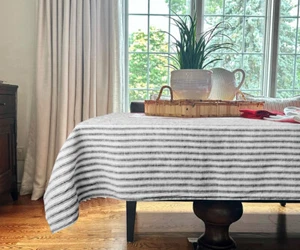 Linen Tablecloth Beige Rectangle Farmhouse Stripe Tablecloth Tablecover 63x98" - Picture 1 of 35
