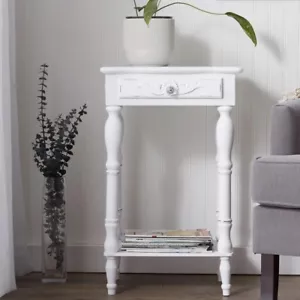 Carved White Side Table Distressed Antiqued Finish Drawer Display Shelf 28" Tall - Picture 1 of 12