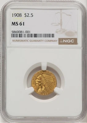 1908 INDIAN HEAD $2.5 QUARTER EAGLE GOLD NGC MS61 - Image 1 of 4