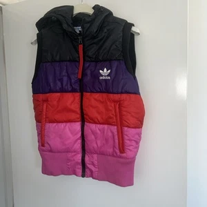 Vintage Adidas gefütterte Weste Damengröße 10 Farbblock Kapuze durchgehender Reißverschluss ärmellos - Bild 1 von 4