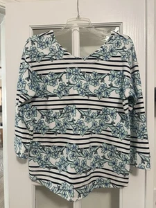 Talbots Mid Slv T-Shirt grün, blau geblümt, schwarz-weiß Streifen Stretch Gr. M - Bild 1 von 3