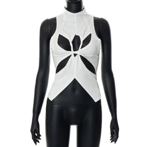 Women Hollow Out Turtleneck Revealing Sleeveless Irregular Crop Top Sexy Beach T - Picture 1 of 9