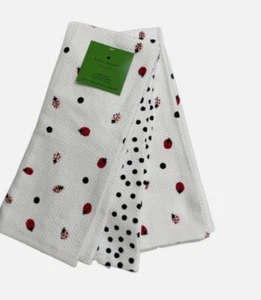 Kate Spade White Ladybug Polka Dot Kitchen Dish Towels Set of 3 - 100% Cotton - Picture 1 of 3