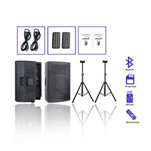 Pair Pro Powered Karaoke PA SD Speakers W/ 2 Adjustable Height DJ Speaker Stands - Picture 1 of 24