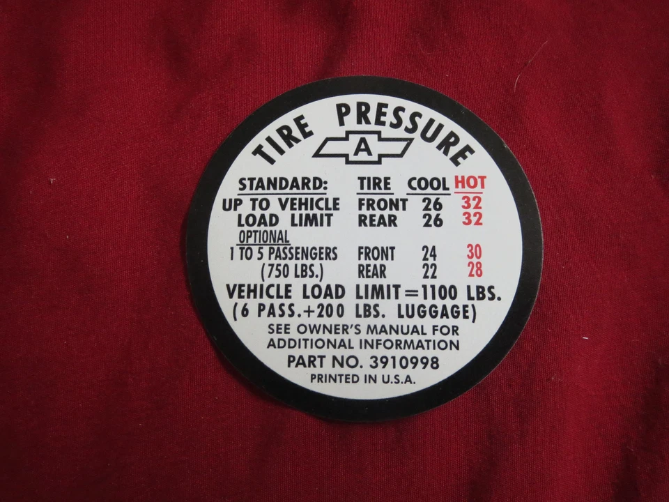 1967 CHEVROLET CHEVELLE SS SUPER SPORT DOOR TIRE PRESSURE DECAL NEW "A" - Image 1 of 1