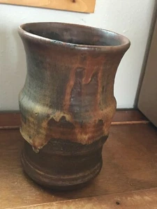 VERY NICE Friday Signed Brown Drip Glaze Cylindrical Pottery Vase or Could be Us - Picture 1 of 12