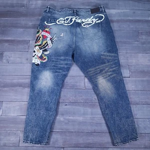 ED HARDY New York City Eagle Patch Distressed Denim Jeans Mens Size 42x31 Blue - Picture 1 of 9