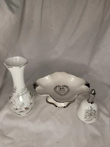 Lot 3 25th Anniversary Candy Dish, Vase And Bell SET Silver Trim - Picture 1 of 21