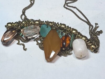 Hand Made Beaded Necklace 18" Resin gem Brown Turquoise Facet Brass Tassels vtg - Image 1 of 4