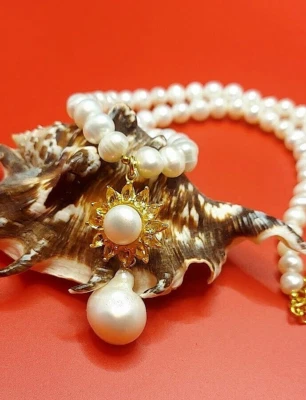 White Baroque Pearl & Yellow Citrine Pendant 925 Sterling Silver Necklace 18" - Image 1 of 4