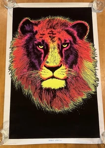 Vintage 1982 Noble Lion Black-Light POSTER #974 AA Graphics Funky Flocked Velvet - Picture 1 of 4