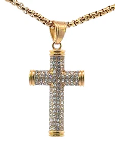 Kreuz Kurvenform Anhänger 14K vergoldeter Stahlanhänger mit CZ 24 Zoll Box Kette - Bild 1 von 7