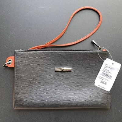 NWT Longchamp Roseau Black/Orange Leather Flat Zippered Wristlet Clutch Bag - Image 1 of 4