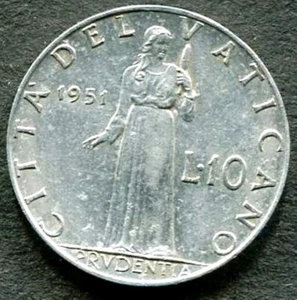 COIN - VATICAN CITY - TEN 10 LIRE - KM#52.1 - ALUMINUM - "Prudentia" 1951 (C115) - Picture 1 of 18