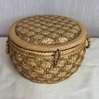 Vintage Sewing Basket Round Box Wicker Rattan Lid Handle Bamboo 20 cm 8