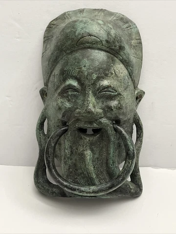 VINTAGE CHINESE MAN WITH FU MANCHU MUSTACHE BRONZE DOOR KNOCKER 6” Cover