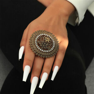Vintage Big Gold Color Women-Midi-Rings Engraved Flower Pattern Retro Party>
