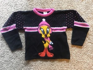 Vtg Tweety Bird Acrylic Sweater Warner Bros Looney Toons Size 6 hot pink black - Picture 1 of 7