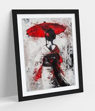 JAPANESE GEISHA WITH RED PARASOL EXPRESSIVE -FRAMED WALL ART POSTER PAPER PRINT