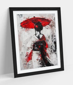 JAPANESE GEISHA WITH RED PARASOL EXPRESSIVE -FRAMED WALL ART POSTER PAPER PRINT - Picture 1 of 10
