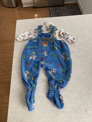 Vintage Oshkosh B'gosh 6-9mth Corduroy Footie Cowboy Overalls With Shirt - Image 1 of 4