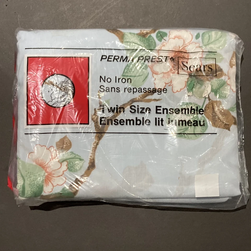 Vintage Sears Twin Bedding Set Flat Fitted Sheets Pillowcase Blue Floral New - Image 1 of 4