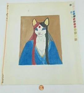 Hand Painted Needlepoint Pattern Egyptian Cat Picasso Style 2006 Signed Blue 14 - Picture 1 of 12