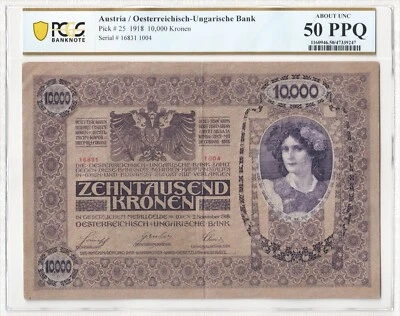 1918, Austria. 10,000 Kronen Note. Without "DO" Stamp! Pick#25. PCGS AU-50 PPQ! - Image 1 of 2