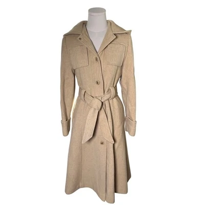 Abrigo con Capucha Vintage ILGWU Beige Lana Cinturón Pequeño XS Hecho en EE. UU. Silencioso Lujo Foto 1 de 4