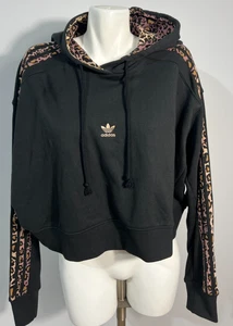 Adidas Women 1X Black Short Cropped Hoodie Animal Print Trim Plus Size - Picture 1 of 6