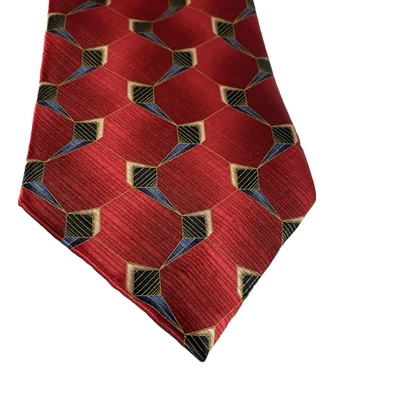 Meeting Street Necktie Mens One Size Red 100% Silk Hand Made Geometric Business - Image 1 of 4