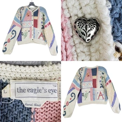 Vintage Eagle's Eye Sweater Size Large Cardigan Hearts Valentine 90s Grandma - Image 1 of 4