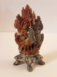 Vintage Hand Carved Soapstone Sculpture Phoenix And Peony Flowers - Picture 1 of 15