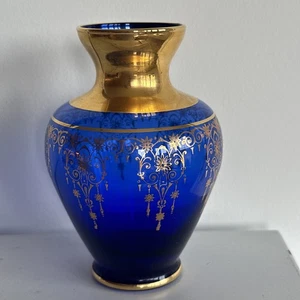 Laguna MURANO Cobalt Blue Glass 24K Gold Gilt Overlay Vase Made in Venetia Italy - Picture 1 of 8