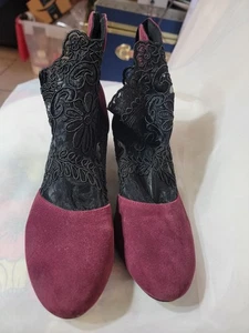 Scarpa donna marrone ecopelle scamosciata e pizzo nero cerniera posteriore tacco grosso TG 8 chic! - Foto 1 di 9