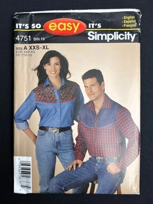 Simplicity 4751 Misses/Mens/Teens Western Shirts 2004 Pattern size XXS-XL Uncut - Image 1 of 2