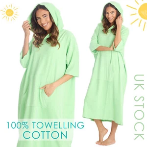 Womens Changing Robe 100% Terry Towelling Cotton Hooded Poncho Towel Green Apple - Picture 1 of 6