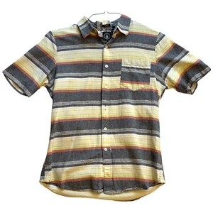 Volcom Ivory Yellow Gray Striped Slim Fit Short Sleeve Button Shirt Size S/P - Picture 1 of 5