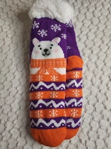 Compass Adult Orange Purple Sherpa Lined Themed Non Slip Socks One Size NWT - Picture 1 of 5