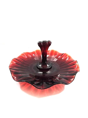 Anchor Hocking Tidbit Mint Tray w/Center Handle Royal Ruby Red Glass Ruffled Rim - Image 1 of 4