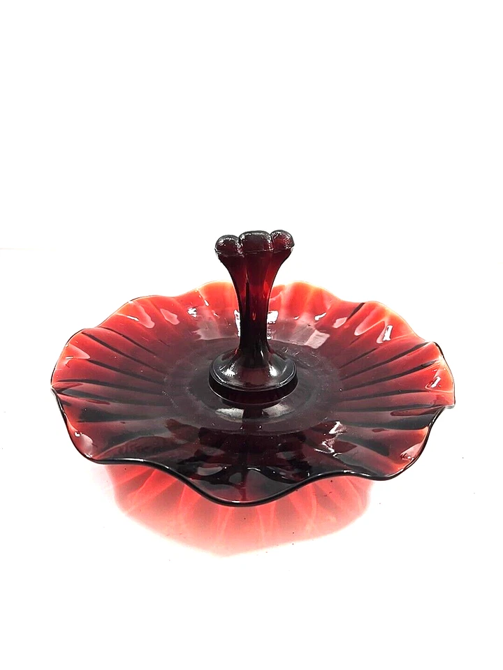 Anchor Hocking Tidbit Mint Tray w/Center Handle Royal Ruby Red Glass Ruffled Rim - Image 1 of 4