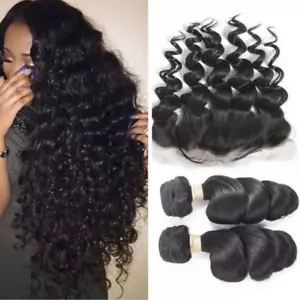 Ustar Natural Black Virgin Loose Wave Hair 2 Bundles with Frontal - Picture 1 of 4