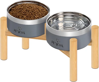 Cuencos Elevados para Perros, Juego de Cuencos Antiderrames de Acero Inoxidable para Mascotas con Soporte de Madera, D Foto 1 de 4
