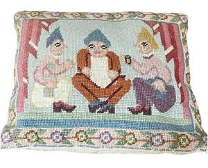 Atq Early 20th Century Petit Needle Pointe Folk Art Pillow Three Men Sitting - Picture 1 of 9