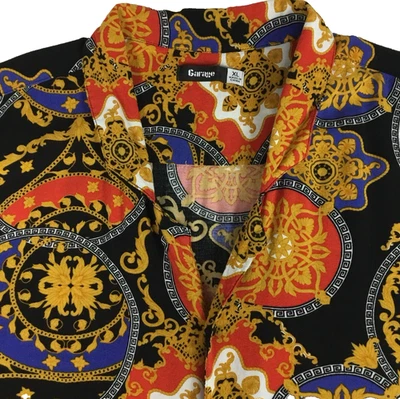 "Camisa abotonada geométrica para hombre XL 46"" manga corta negra dorada cadena cubana brillante" Foto 1 de 4